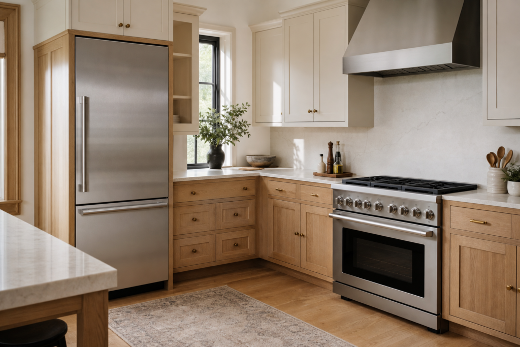 Stainless refrigerator and gas range installed in a coordinated kitchen.