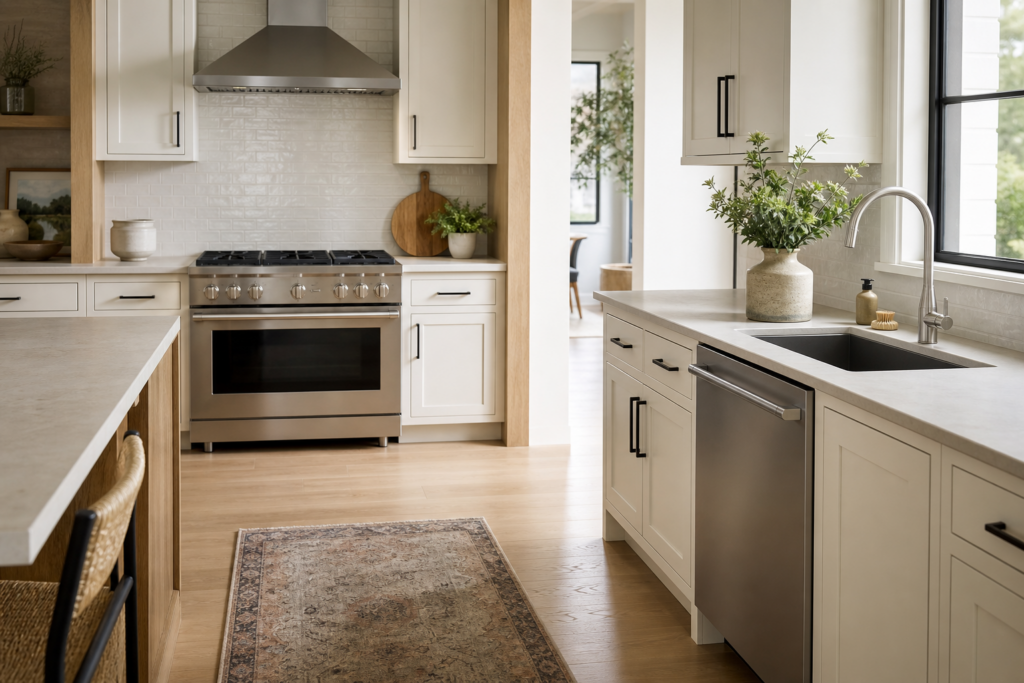 Kitchen range and ventilation hood with a dishwasher installed beside the sink.